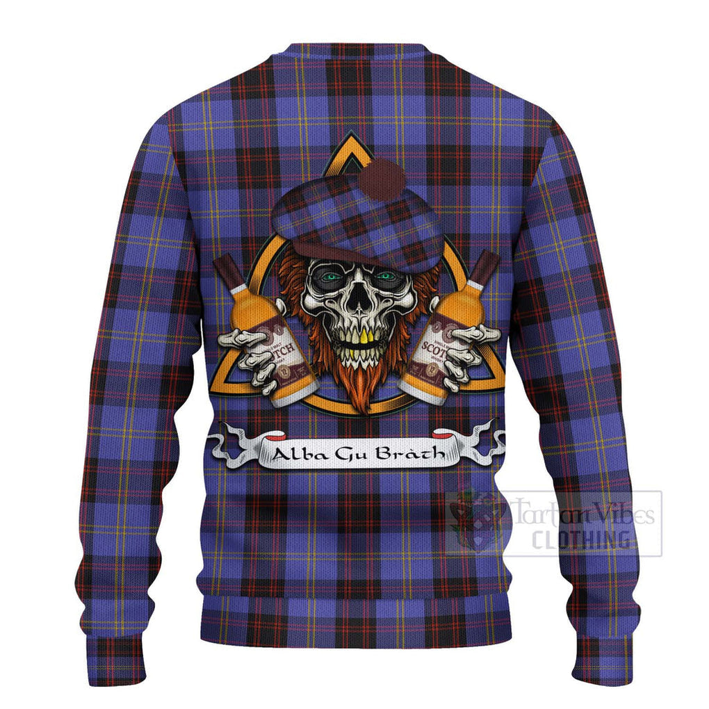 Tartan Vibes Clothing Rutherford Tartan Knitted Sweater with Family Crest and Bearded Skull Holding Bottles of Whiskey