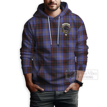 Rutherford Tartan Hoodie with Family Crest and Bearded Skull Holding Bottles of Whiskey