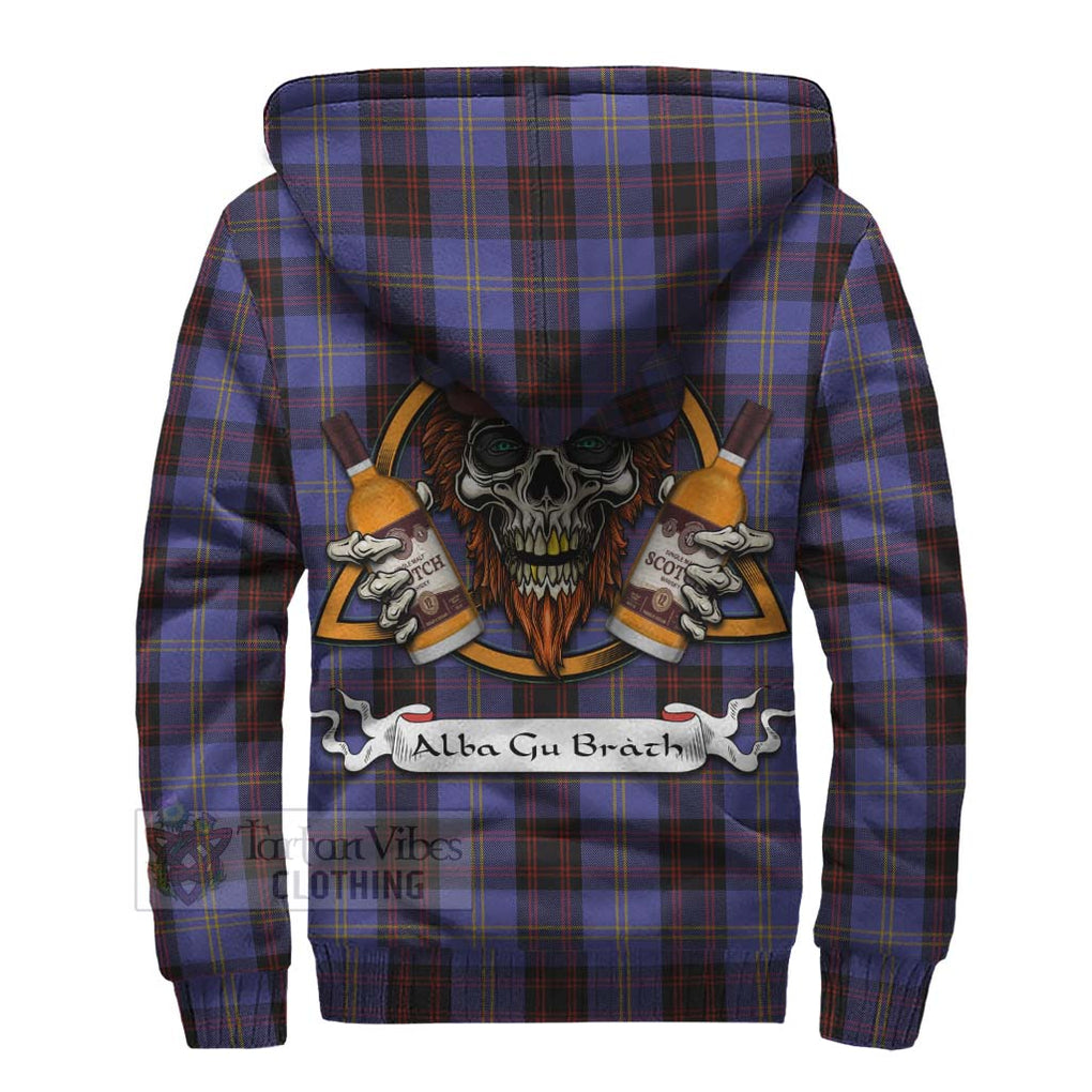 Tartan Vibes Clothing Rutherford Tartan Sherpa Hoodie with Family Crest and Bearded Skull Holding Bottles of Whiskey