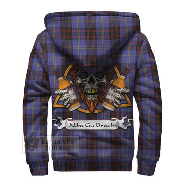 Rutherford Tartan Sherpa Hoodie with Family Crest and Bearded Skull Holding Bottles of Whiskey