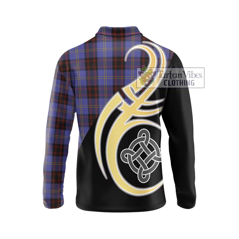 Rutherford Tartan Long Sleeve Polo Shirt with Family Crest and Celtic Symbol Style - Tartan Vibes Clothing