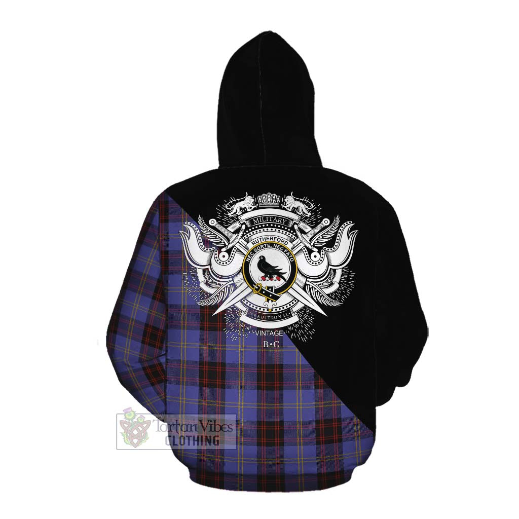 Tartan Vibes Clothing Rutherford Tartan Cotton Hoodie with Family Crest and Military Logo Style