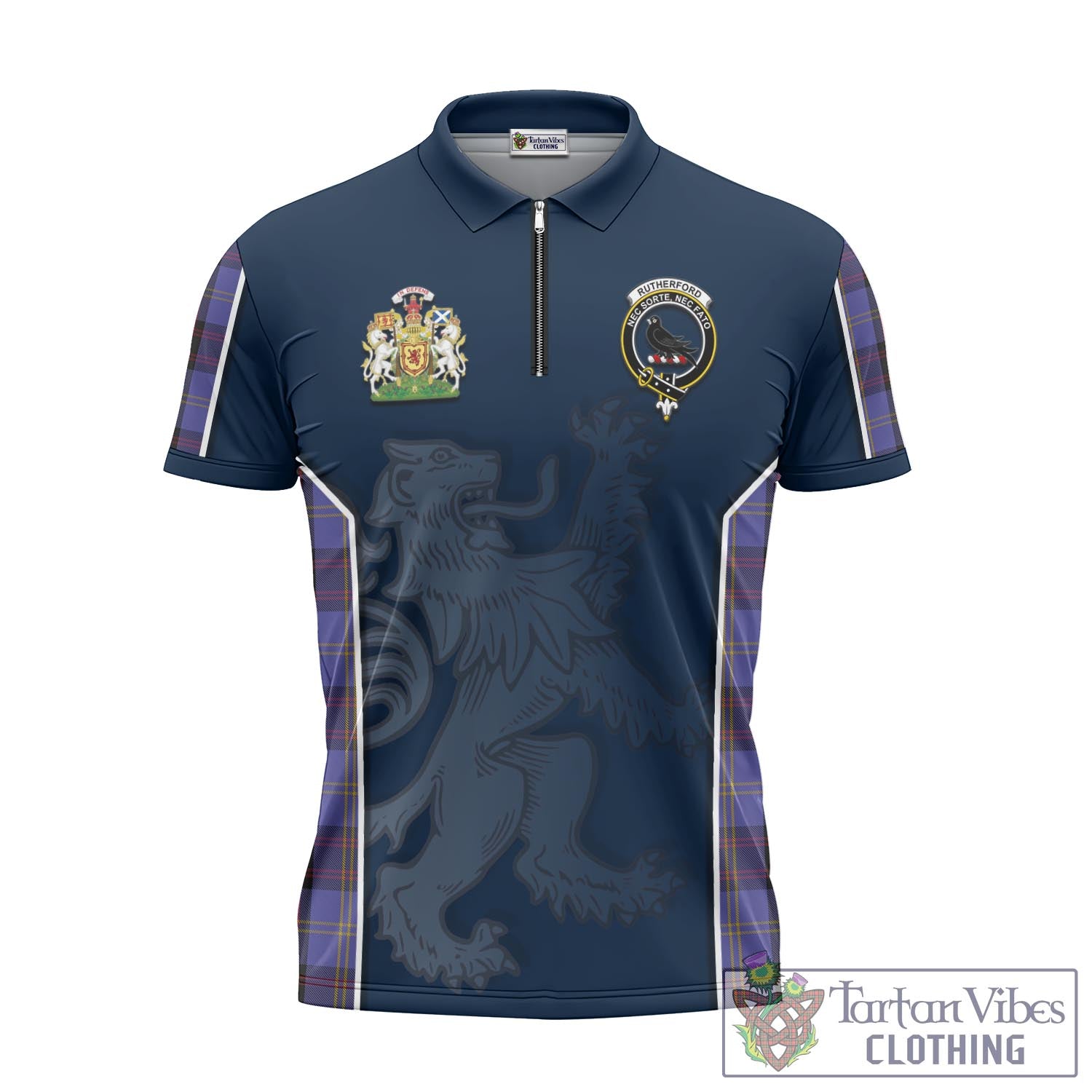 Tartan Vibes Clothing Rutherford Tartan Zipper Polo Shirt with Family Crest and Lion Rampant Vibes Sport Style