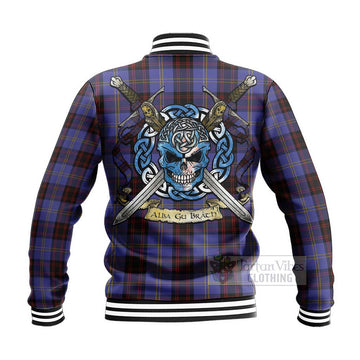 Rutherford Tartan Baseball Jacket with Family Crest Celtic Skull Style