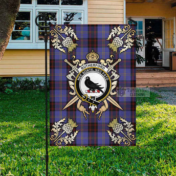 Rutherford Tartan Flag with Family Crest and Golden Thistle Crossed Sword Design