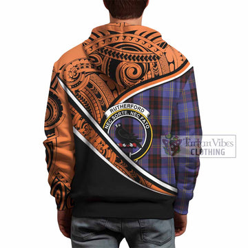 Rutherford Crest Tartan Hoodie with Polynesian Vibes Style - Orange Version