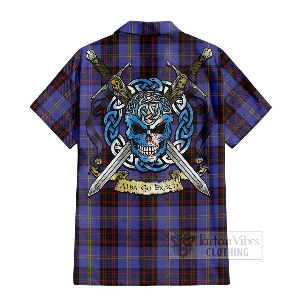 Tartan Vibes Clothing Rutherford Tartan Short Sleeve Button Shirt with Family Crest Celtic Skull Style