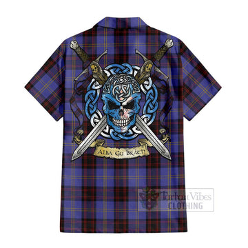 Rutherford Tartan Short Sleeve Button Shirt with Family Crest Celtic Skull Style