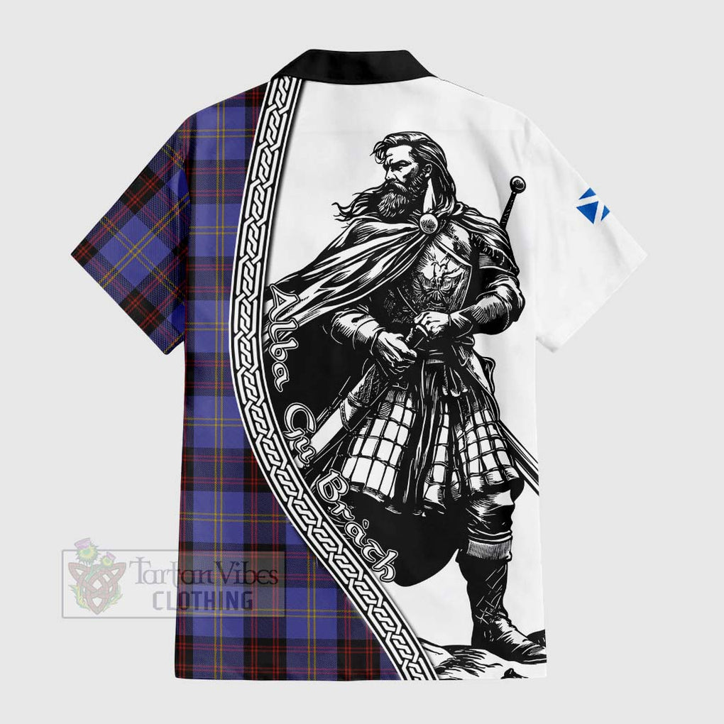 Tartan Vibes Clothing Rutherford Tartan Clan Crest Short Sleeve Button Shirt with Highlander Warrior Celtic Style