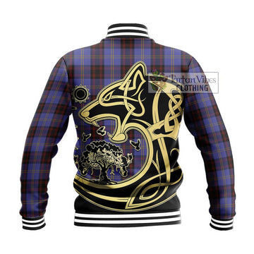 Rutherford Tartan Baseball Jacket with Family Crest Celtic Wolf Style