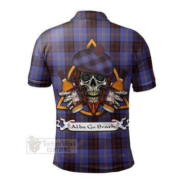 Rutherford Tartan Polo Shirt with Family Crest and Bearded Skull Holding Bottles of Whiskey