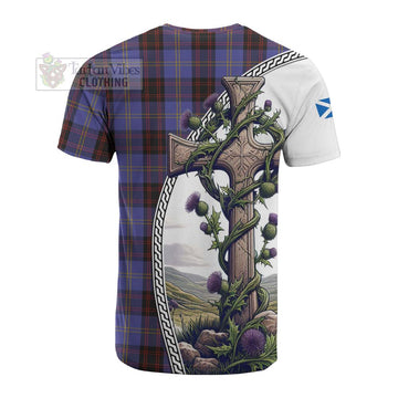 Rutherford Tartan Cotton T-shirt with Family Crest and St. Andrew's Cross Accented by Thistle Vines