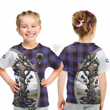 Rutherford Tartan Kid T-Shirt with Family Crest and St. Andrew's Cross Accented by Thistle Vines - Tartan Vibes Clothing