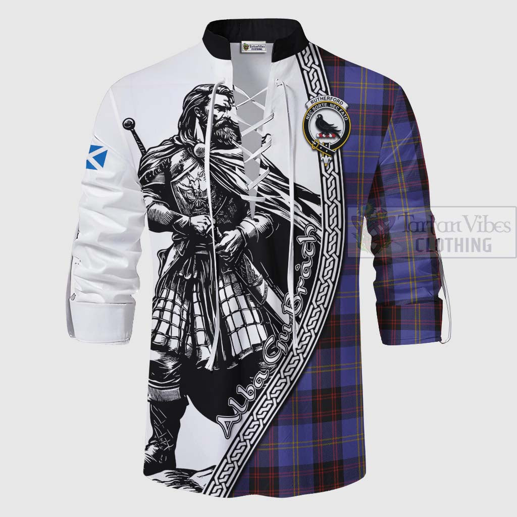 Tartan Vibes Clothing Rutherford Tartan Clan Crest Ghillie Kilt Shirt with Highlander Warrior Celtic Style