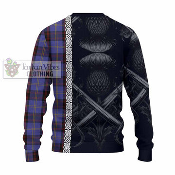 Rutherford Tartan Knitted Sweater with Family Crest Cross Sword Thistle Celtic Vibes