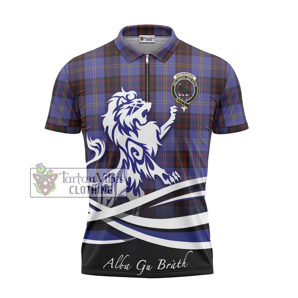 Rutherford Tartan Zipper Polo Shirt with Alba Gu Brath Regal Lion Emblem - Tartanvibesclothing Shop