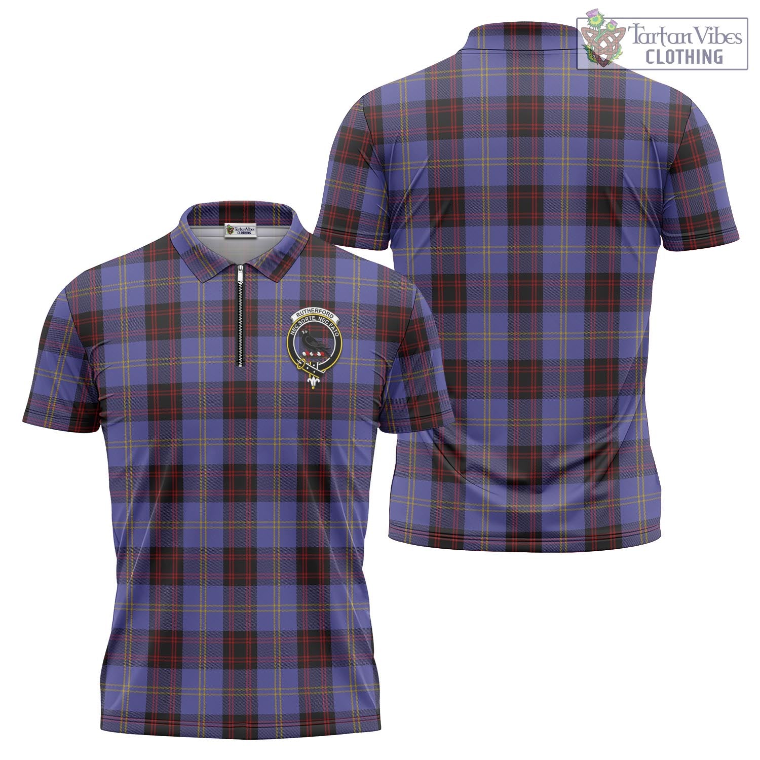 Tartan Vibes Clothing Rutherford Tartan Zipper Polo Shirt with Family Crest