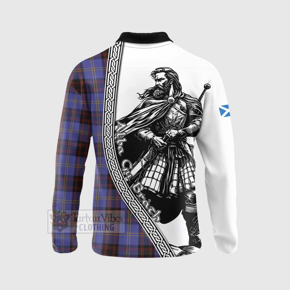 Tartan Vibes Clothing Rutherford Tartan Clan Crest Long Sleeve Polo Shirt with Highlander Warrior Celtic Style