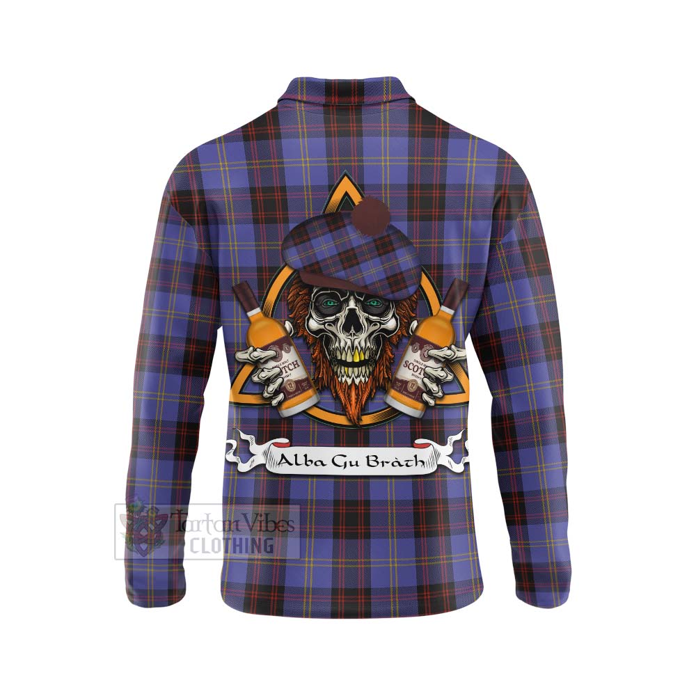 Tartan Vibes Clothing Rutherford Tartan Long Sleeve Polo Shirt with Family Crest and Bearded Skull Holding Bottles of Whiskey