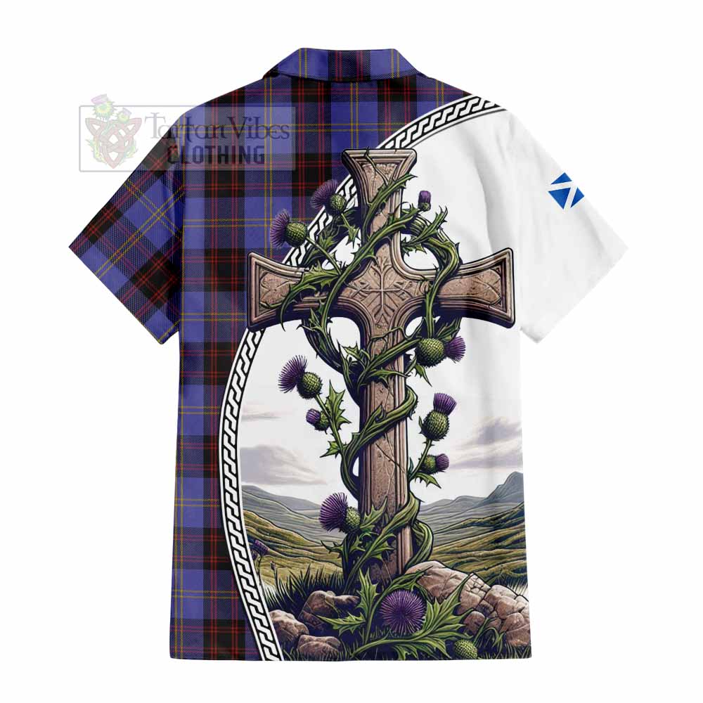 Tartan Vibes Clothing Rutherford Tartan Short Sleeve Button Shirt with Family Crest and St. Andrew's Cross Accented by Thistle Vines