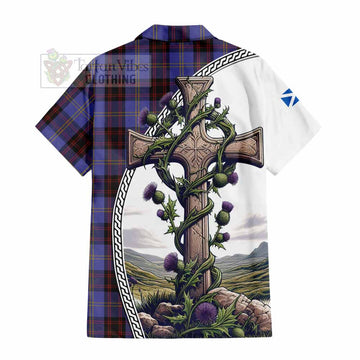 Rutherford Tartan Short Sleeve Button Shirt with Family Crest and St. Andrew's Cross Accented by Thistle Vines