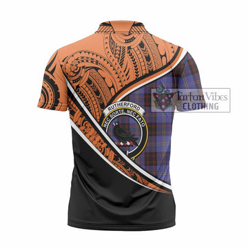 Rutherford Crest Tartan Zipper Polo Shirt with Polynesian Vibes Style - Orange Version