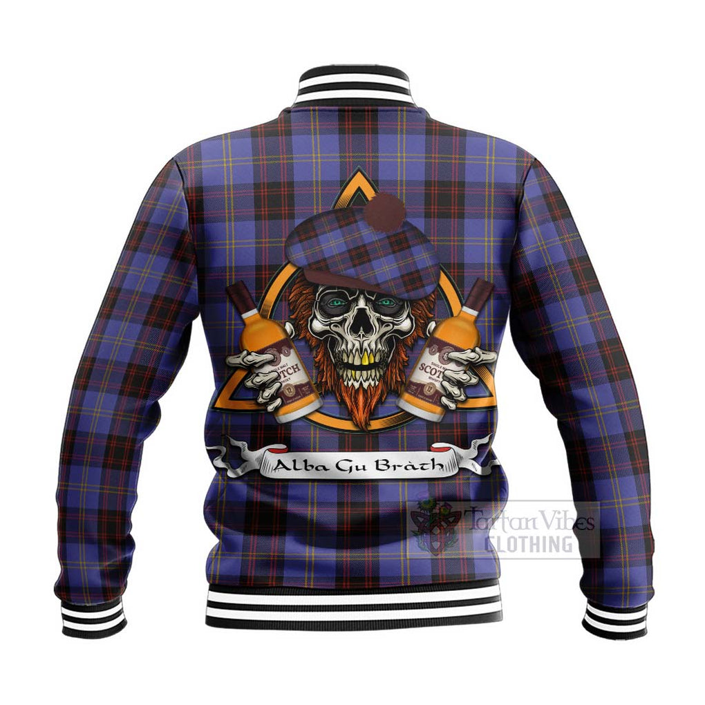 Tartan Vibes Clothing Rutherford Tartan Baseball Jacket with Family Crest and Bearded Skull Holding Bottles of Whiskey