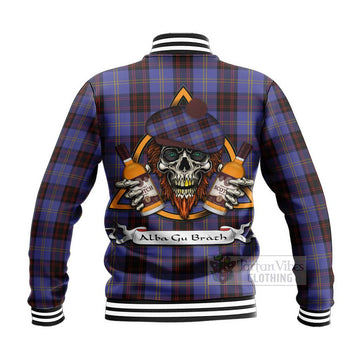 Rutherford Tartan Baseball Jacket with Family Crest and Bearded Skull Holding Bottles of Whiskey