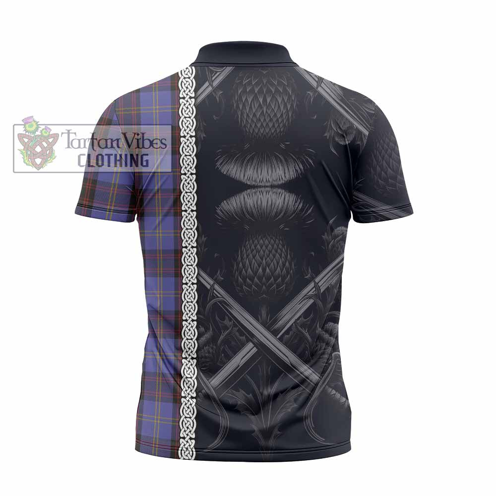 Tartan Vibes Clothing Rutherford Tartan Zipper Polo Shirt with Family Crest Cross Sword Thistle Celtic Vibes