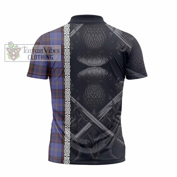 Rutherford Tartan Zipper Polo Shirt with Family Crest Cross Sword Thistle Celtic Vibes