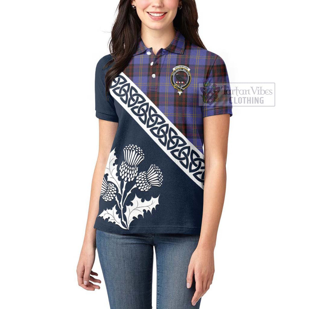 Tartan Vibes Clothing Rutherford Tartan Women's Polo Shirt Featuring Thistle and Scotland Map