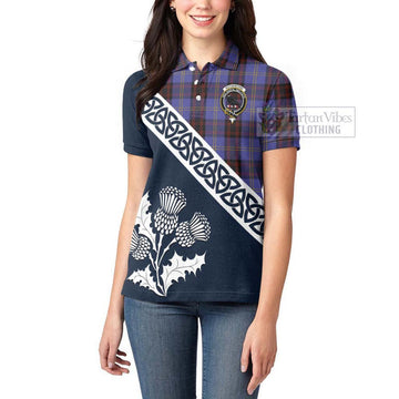 Rutherford Tartan Women's Polo Shirt Featuring Thistle and Scotland Map