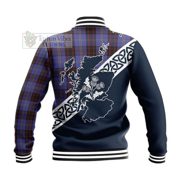 Rutherford Tartan Baseball Jacket Featuring Thistle and Scotland Map