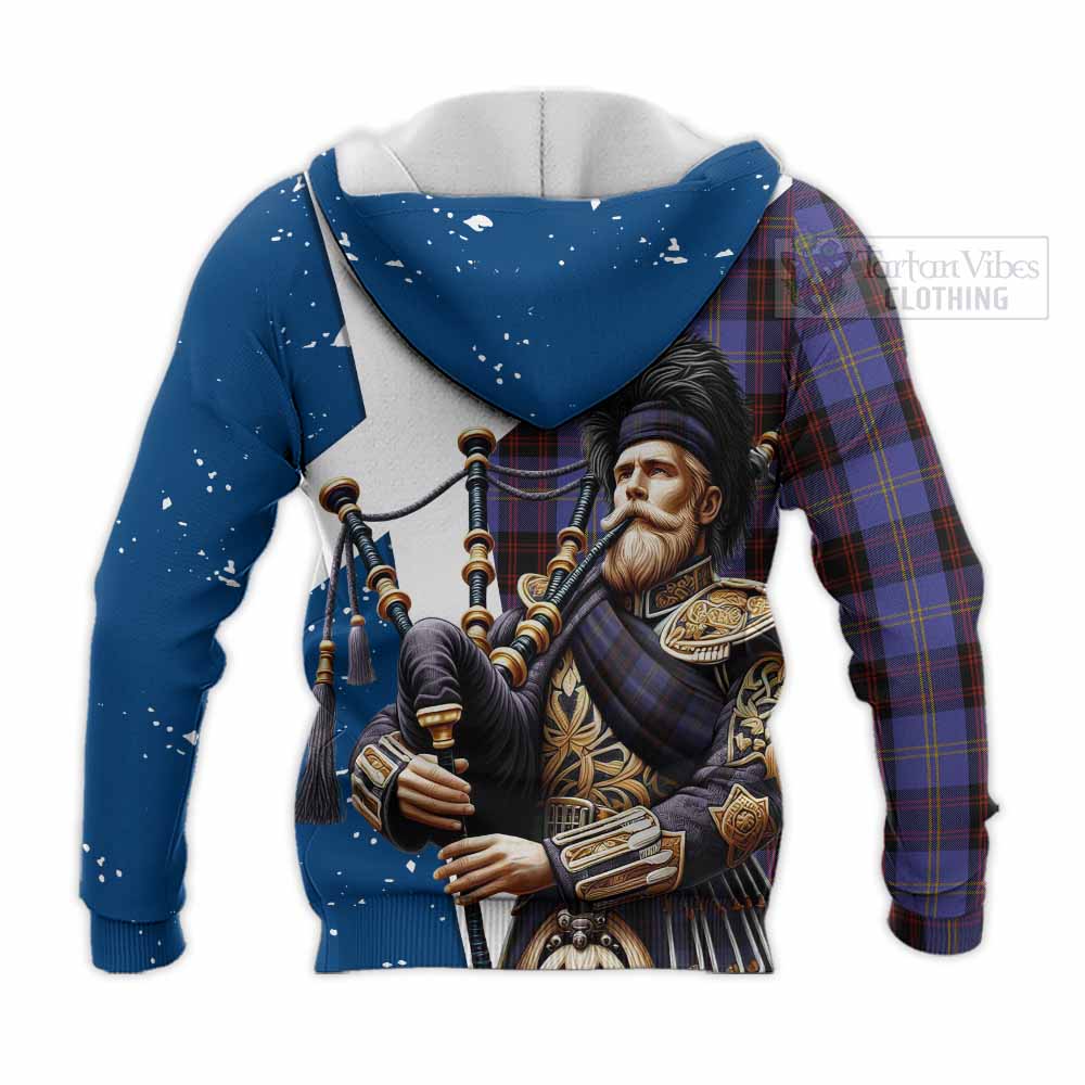 Tartan Vibes Clothing Rutherford Tartan Knitted Hoodie with Family Crest Scottish Bagpiper Vibes