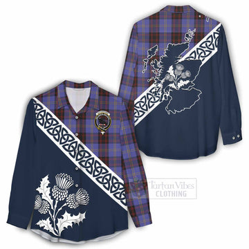 Rutherford Tartan Women's Casual Shirt Featuring Thistle and Scotland Map