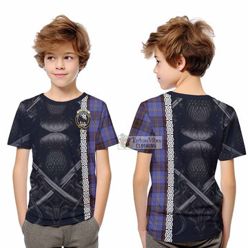 Rutherford Tartan Kid T-Shirt with Family Crest Cross Sword Thistle Celtic Vibes