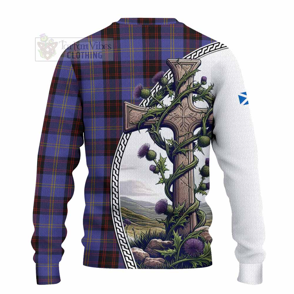 Tartan Vibes Clothing Rutherford Tartan Knitted Sweater with Family Crest and St. Andrew's Cross Accented by Thistle Vines