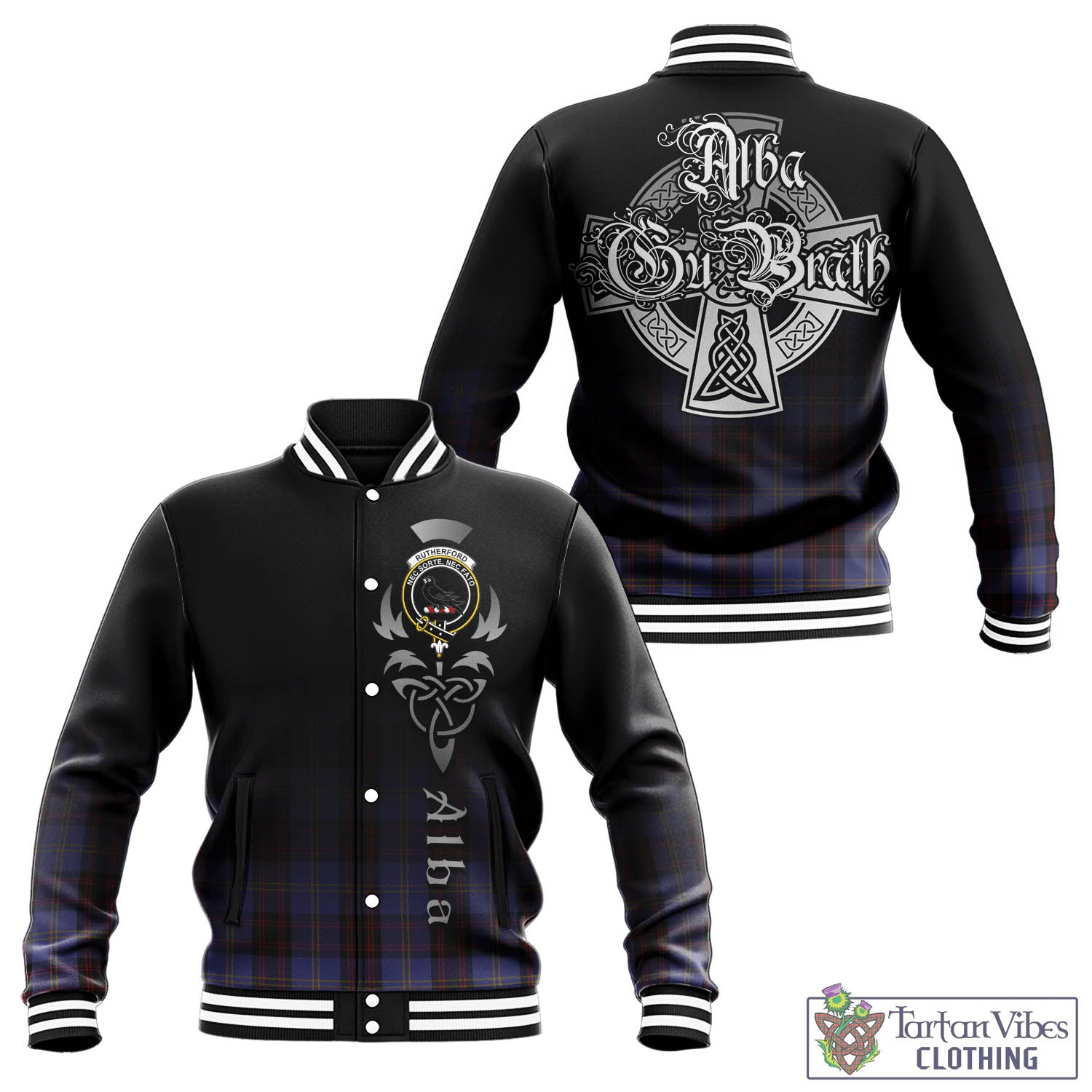 Tartan Vibes Clothing Rutherford Tartan Baseball Jacket Featuring Alba Gu Brath Family Crest Celtic Inspired