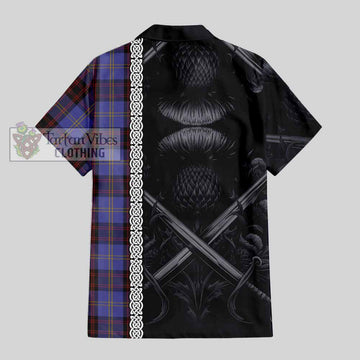 Rutherford Tartan Short Sleeve Button Shirt with Family Crest Cross Sword Thistle Celtic Vibes