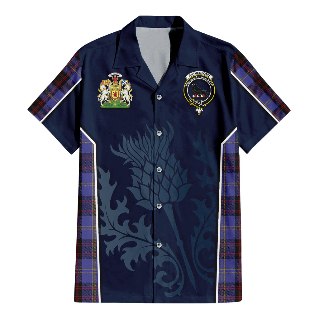 Tartan Vibes Clothing Rutherford Tartan Short Sleeve Button Up Shirt with Family Crest and Scottish Thistle Vibes Sport Style