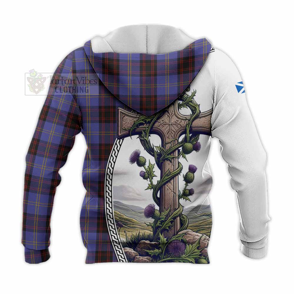 Tartan Vibes Clothing Rutherford Tartan Knitted Hoodie with Family Crest and St. Andrew's Cross Accented by Thistle Vines