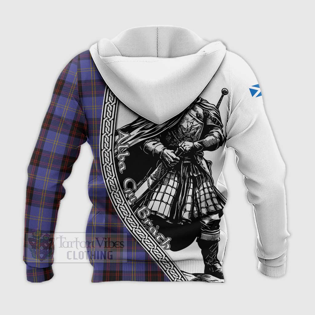 Tartan Vibes Clothing Rutherford Tartan Clan Crest Knitted Hoodie with Highlander Warrior Celtic Style