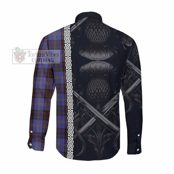 Rutherford Tartan Long Sleeve Button Shirt with Family Crest Cross Sword Thistle Celtic Vibes