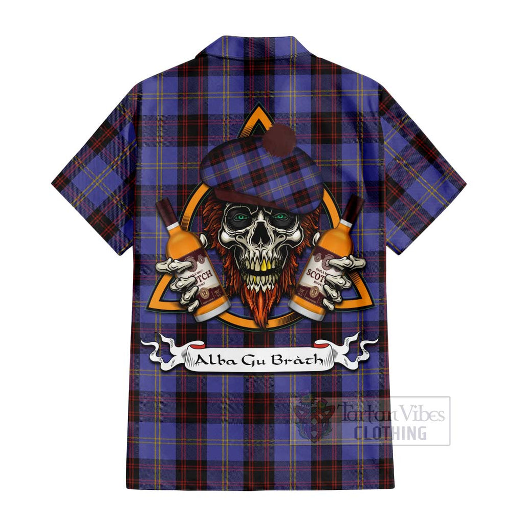 Tartan Vibes Clothing Rutherford Tartan Short Sleeve Button Shirt with Family Crest and Bearded Skull Holding Bottles of Whiskey