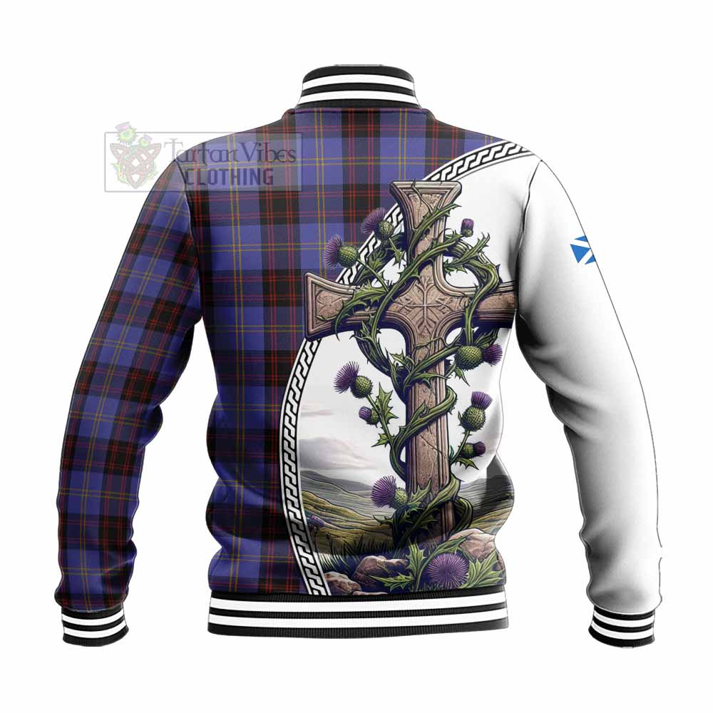 Tartan Vibes Clothing Rutherford Tartan Baseball Jacket with Family Crest and St. Andrew's Cross Accented by Thistle Vines