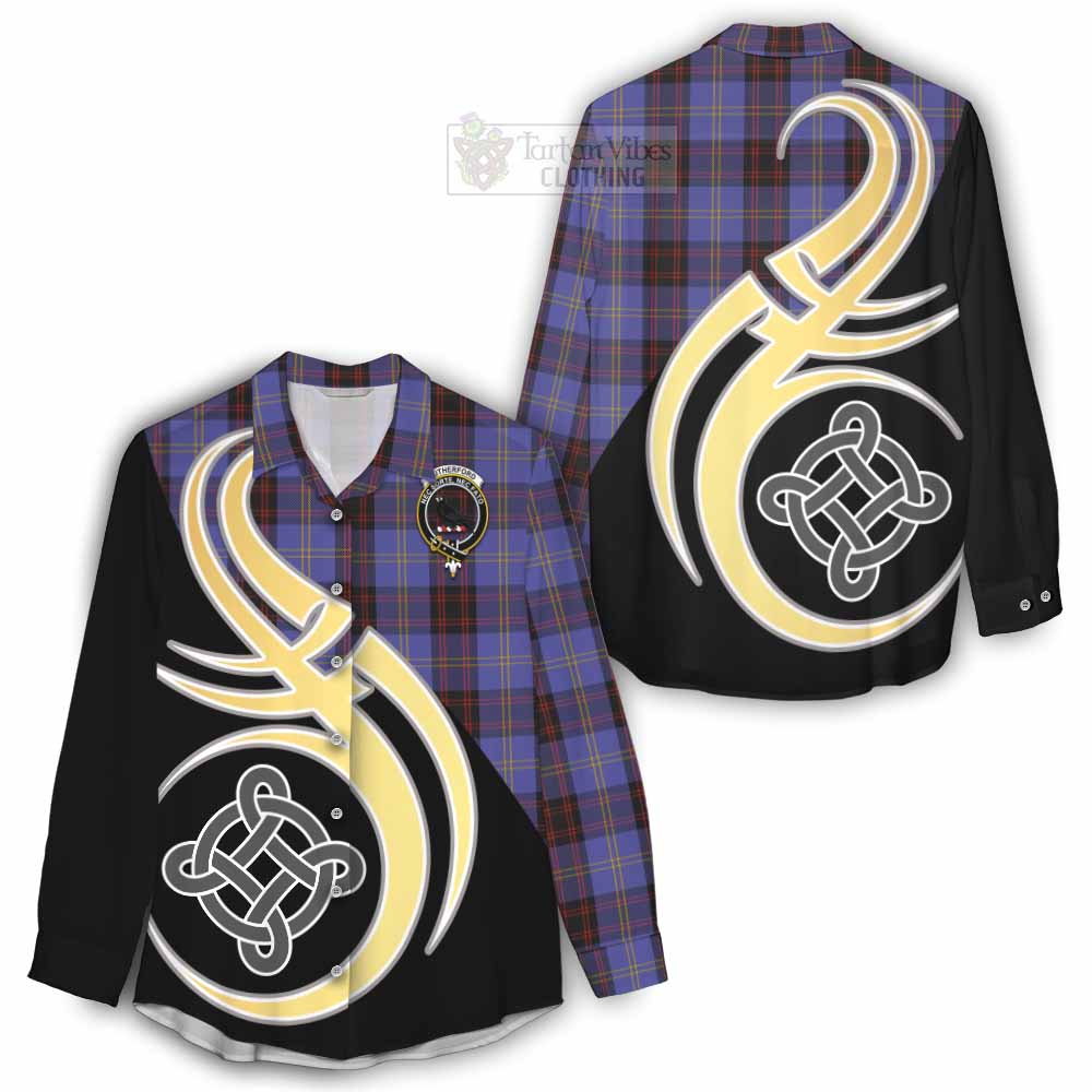 Tartan Vibes Clothing Rutherford Tartan Women's Casual Shirt with Family Crest and Celtic Symbol Style