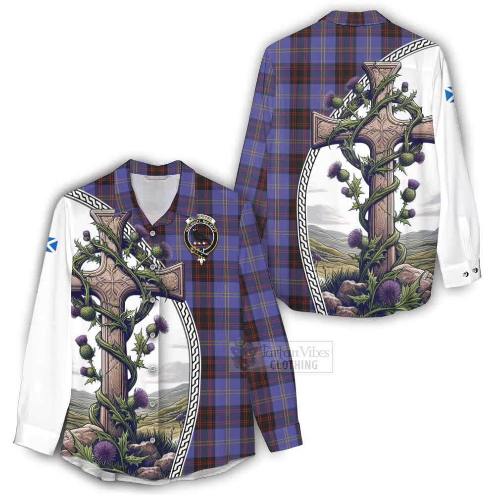 Tartan Vibes Clothing Rutherford Tartan Women's Casual Shirt with Family Crest and St. Andrew's Cross Accented by Thistle Vines