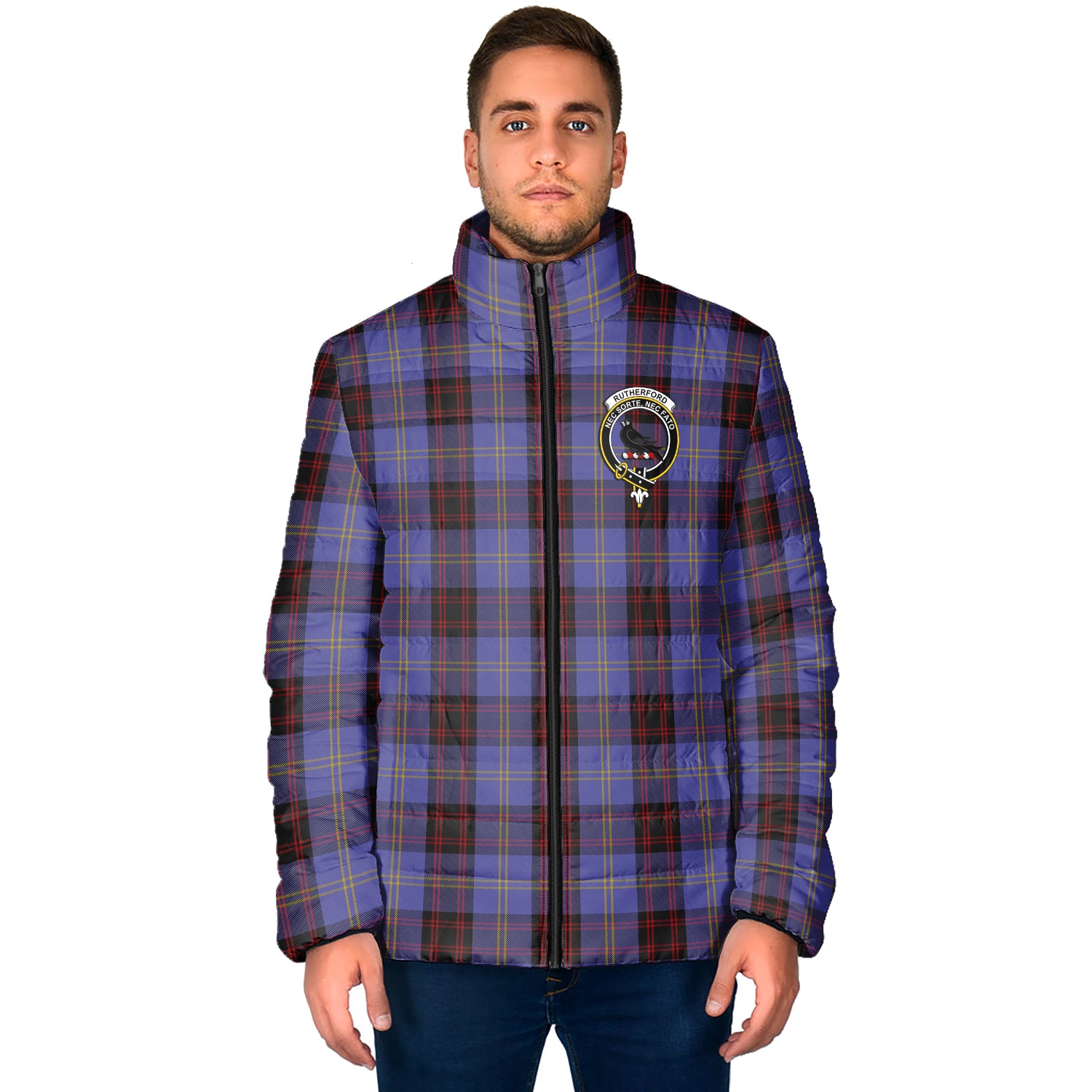 Rutherford Tartan Padded Jacket with Family Crest - Tartan Vibes Clothing