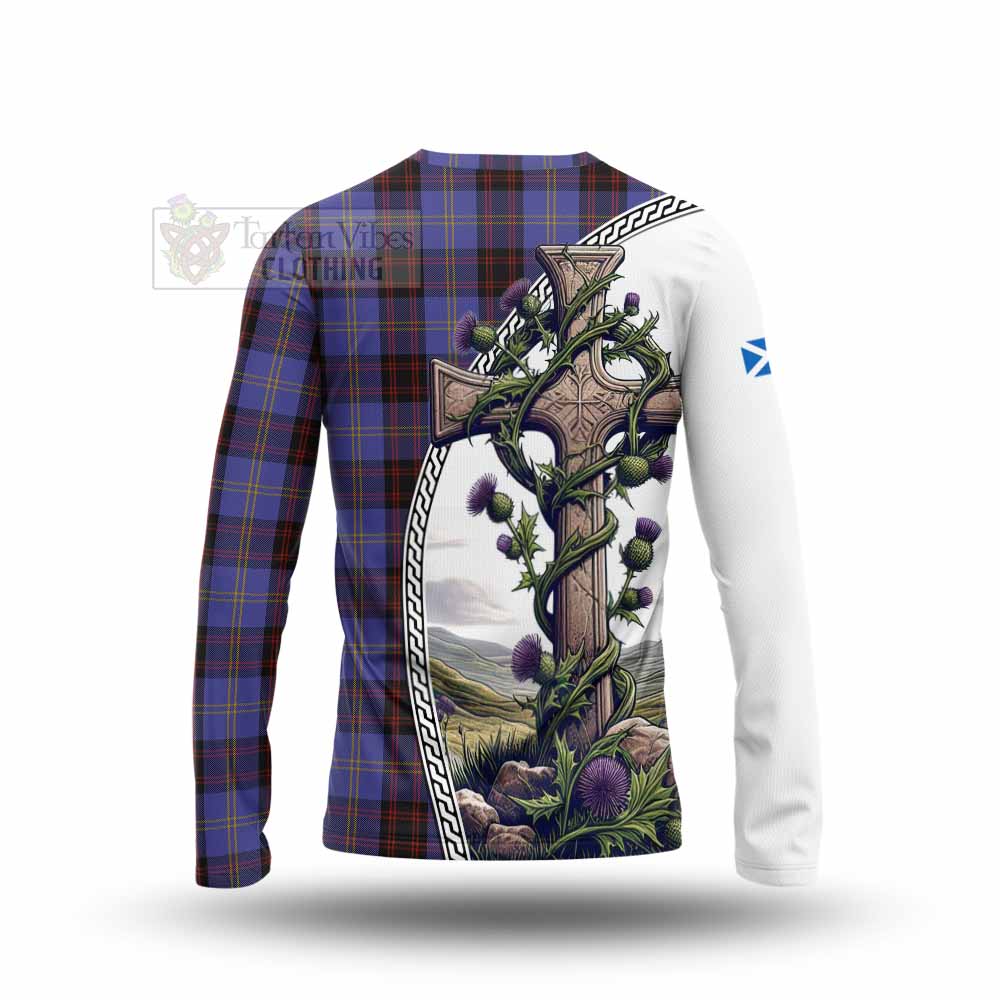 Tartan Vibes Clothing Rutherford Tartan Long Sleeve T-Shirt with Family Crest and St. Andrew's Cross Accented by Thistle Vines