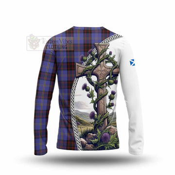 Rutherford Tartan Long Sleeve T-Shirt with Family Crest and St. Andrew's Cross Accented by Thistle Vines